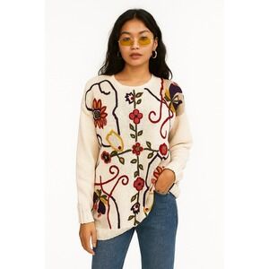 Cream Floral Embroidered Crewneck Sweater Cardigan with Multicolor Accents